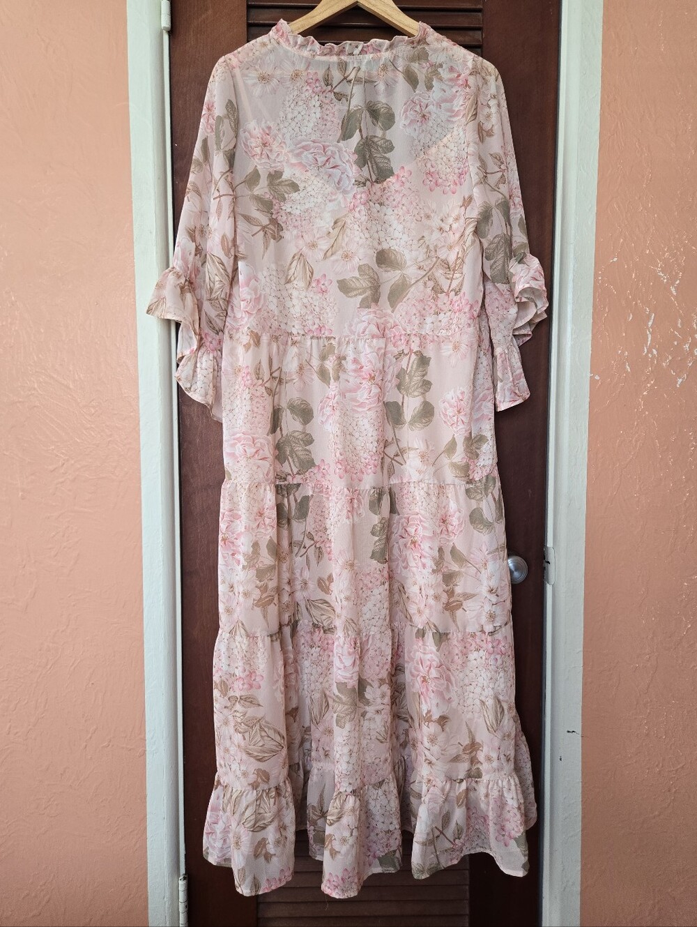 NWT Show Me Your Mumu Boho Pink Floral Tiered Ruffle Chiffon Maxi Dress S